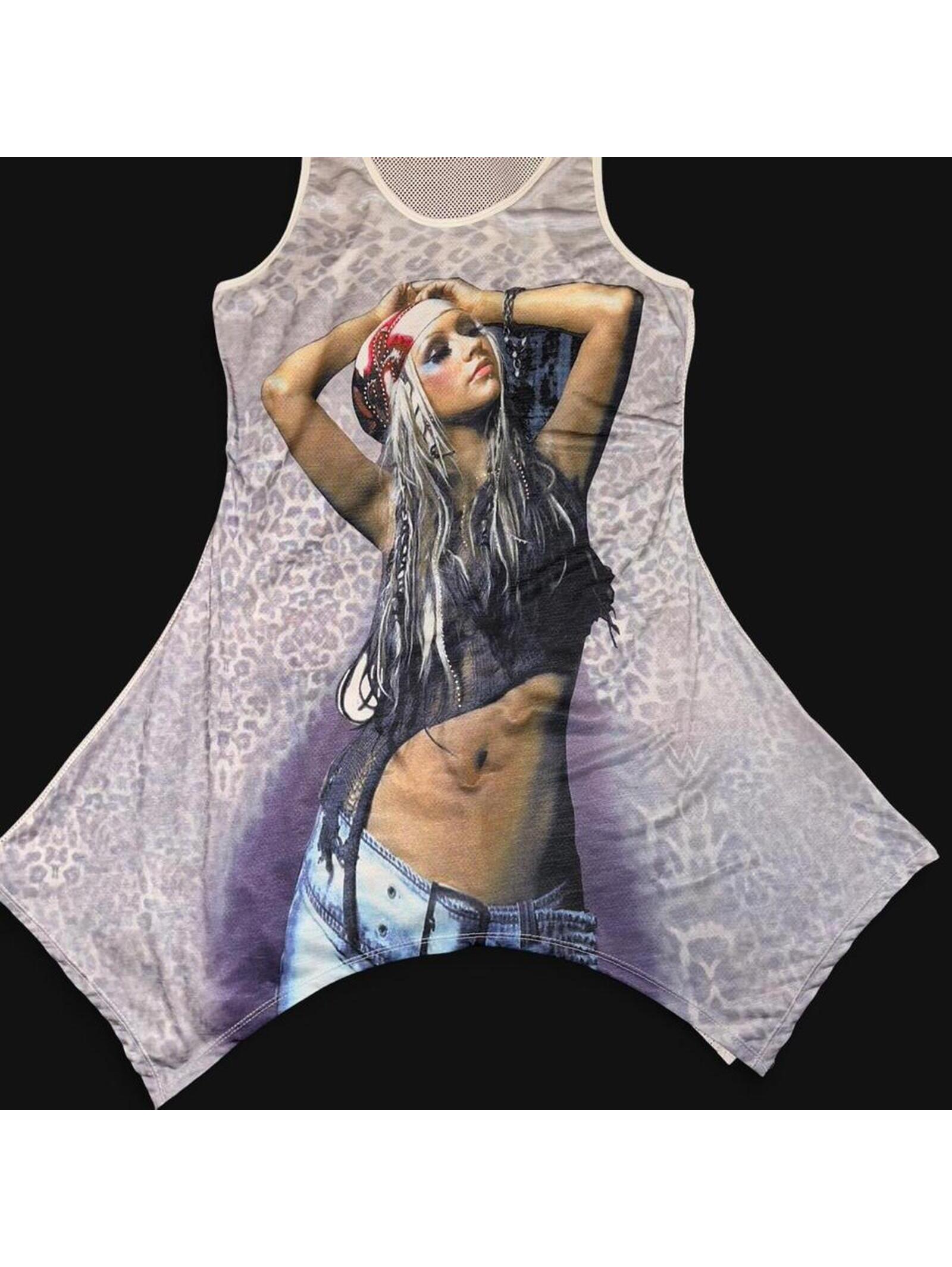 Y2k Christina Aguilera Stripped Era Rhinestone Mesh Asymmetrical Tank Top
